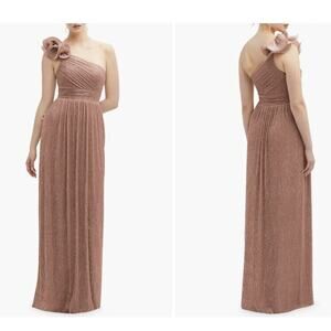 After Six Dress S Sienna Metallic Ruffle One Shoulder Long Column Gown Lined NEW